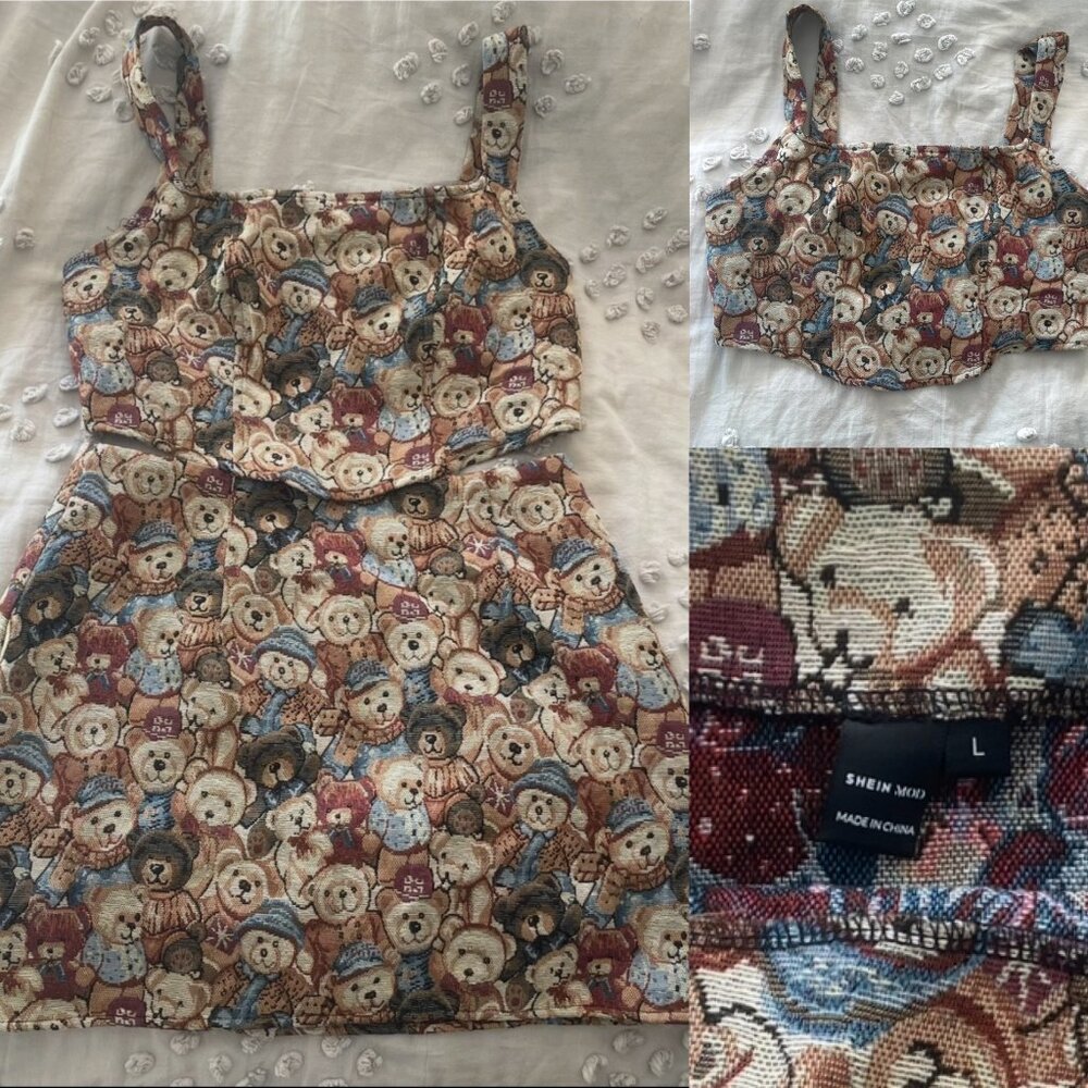 Allover Bear Printed Matching Top And Skirt Women’s Size Large SHEIN MOD